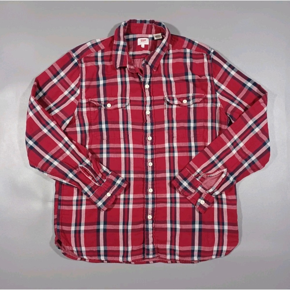 Levis Shirt Mens XL Red Blue Plaid Long Sleeve Button Up Workshirt‎